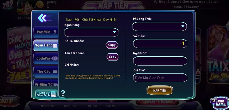 Nạp tiền vào ví game để đánh bài